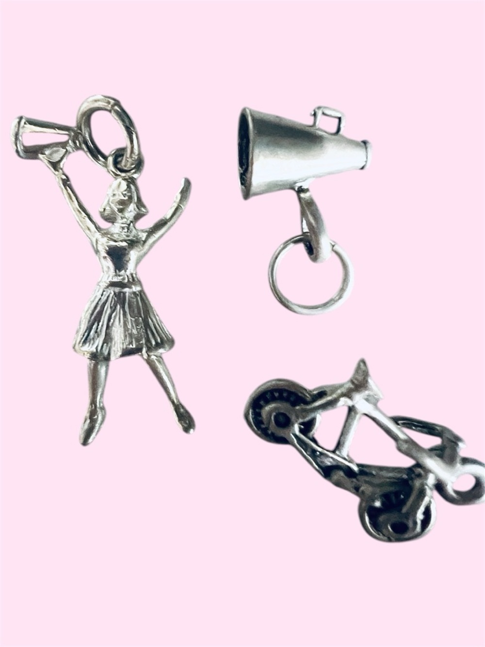 3 Small Sterling Silver Charms—Cheerleader, Horn Megaphone, Bicycle, Bike